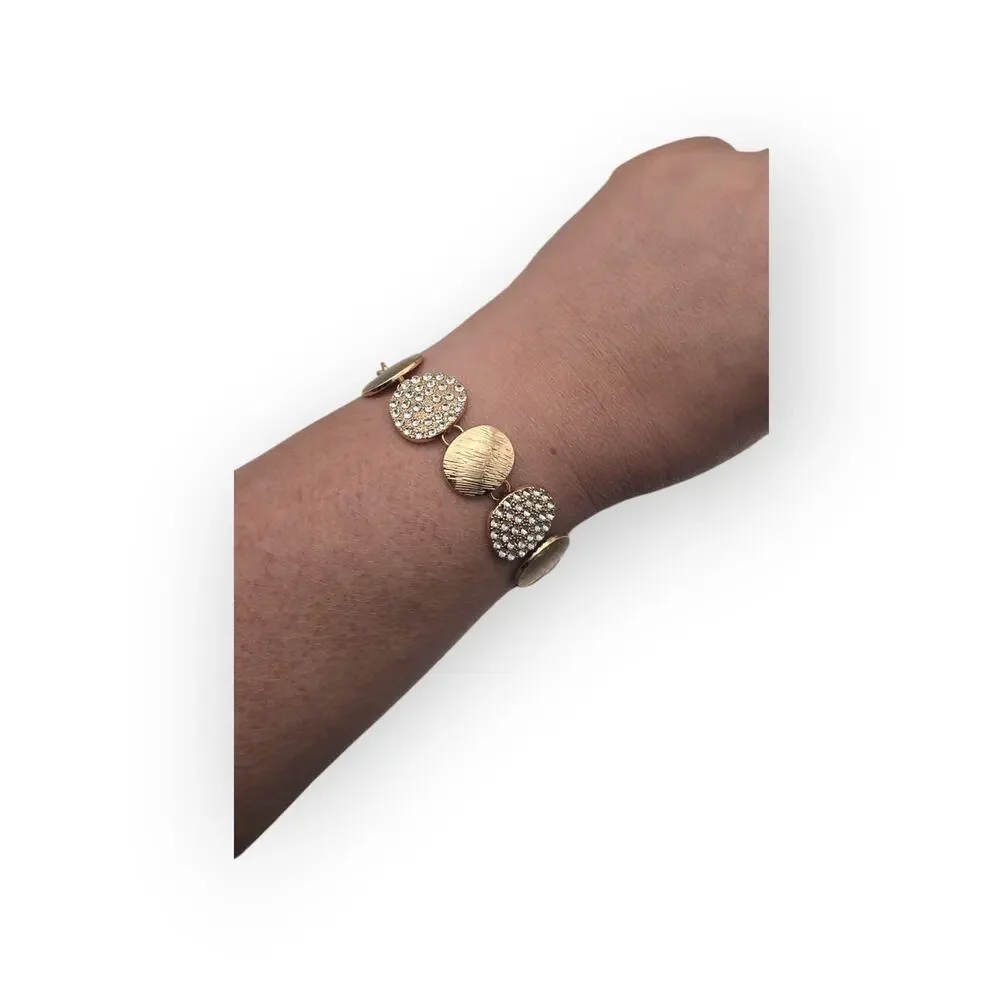 Gold Disc Bracelet with Pavé Rhinestone Stations – Textured Modern Chic